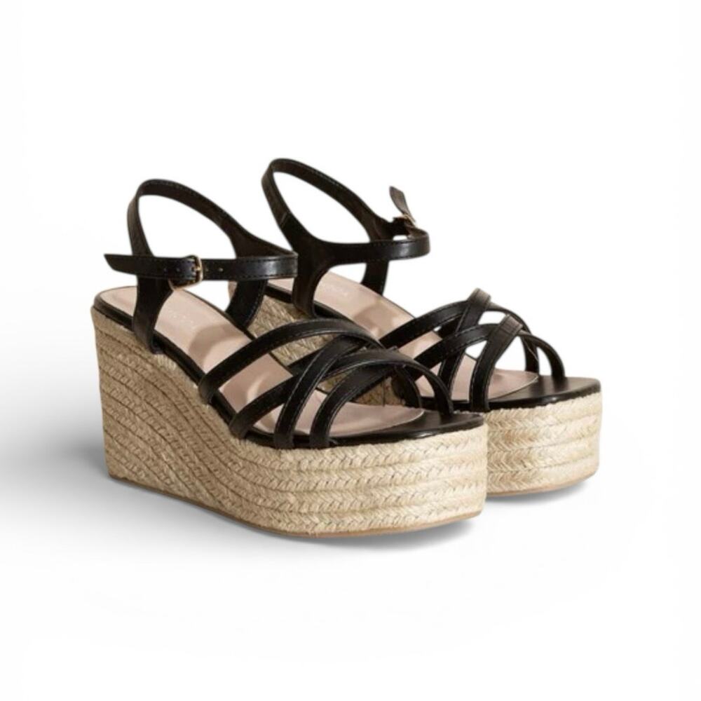 Black Strappy Wedge Sandal Platform Heels 7.5 Webster New in Box